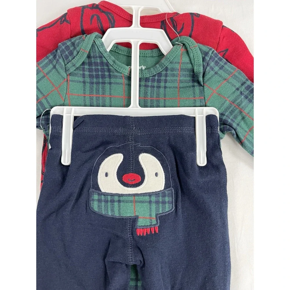Carter's Baby 3M 3pc Penguin Winter Outfit Plaid Long‎ Sleeve Bodysuit Pants NWT